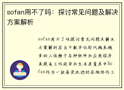 sofan用不了吗:探讨常见问题及解决方案解析